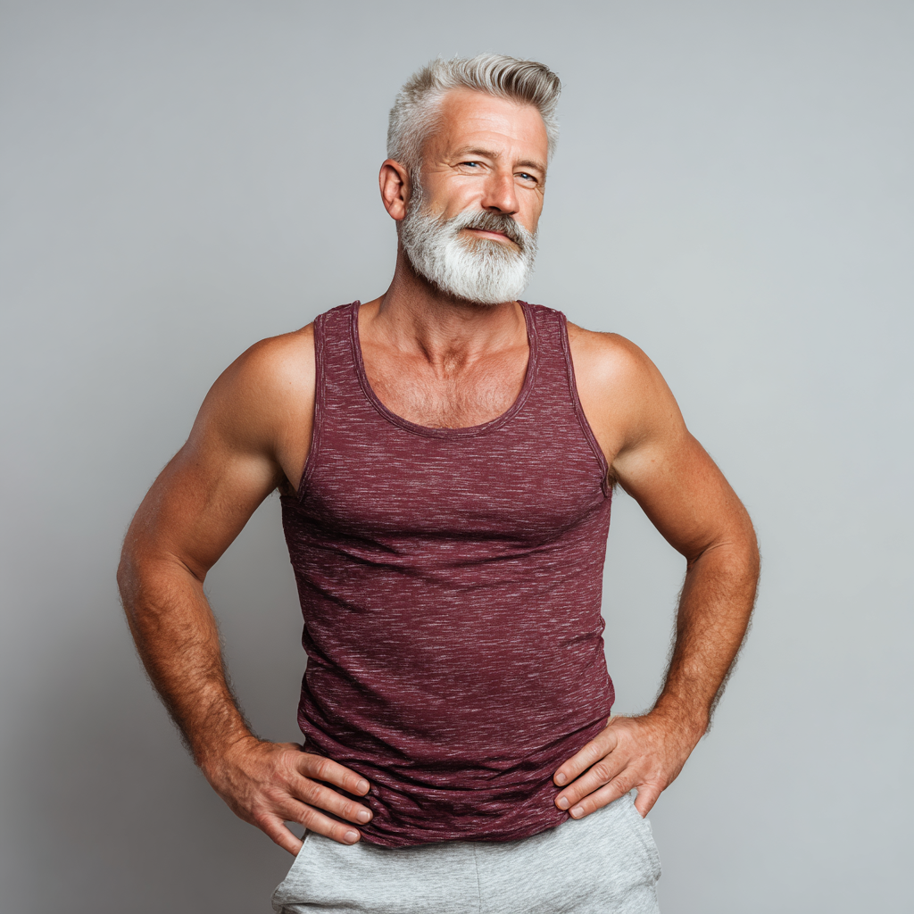 Mature man showing physical transformation results with confident posture and healthy lifestyle