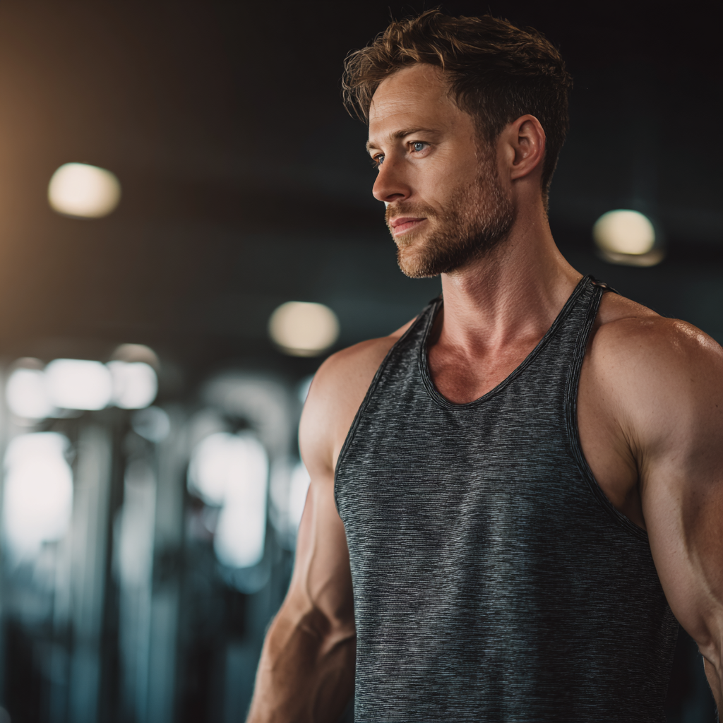 Strong confident man working out in modern gym with focused determination
