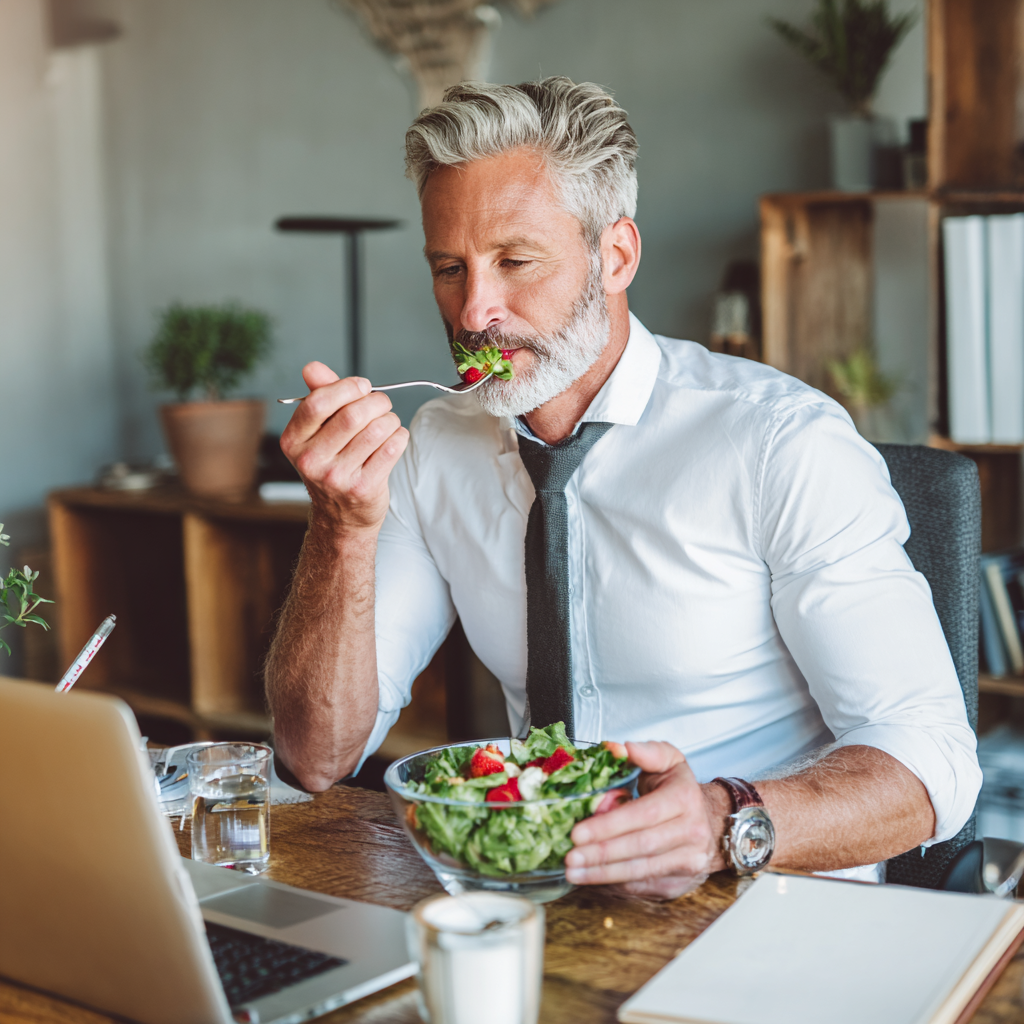 Successful businessman maintaining healthy work-life balance with exercise and proper nutrition habits